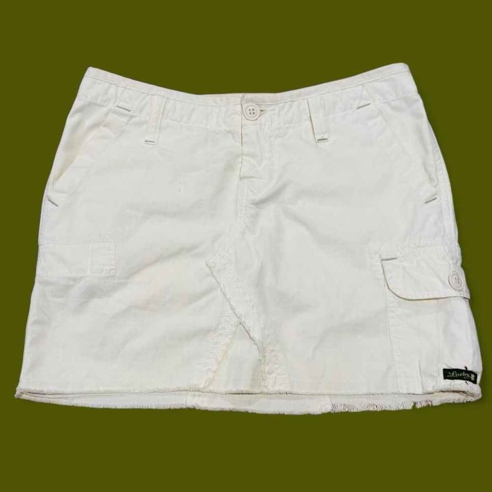 Lucky Brand White Cargo Mini Skirt Size 0 25 Y2K Dungarees Frayed Hem Cotton